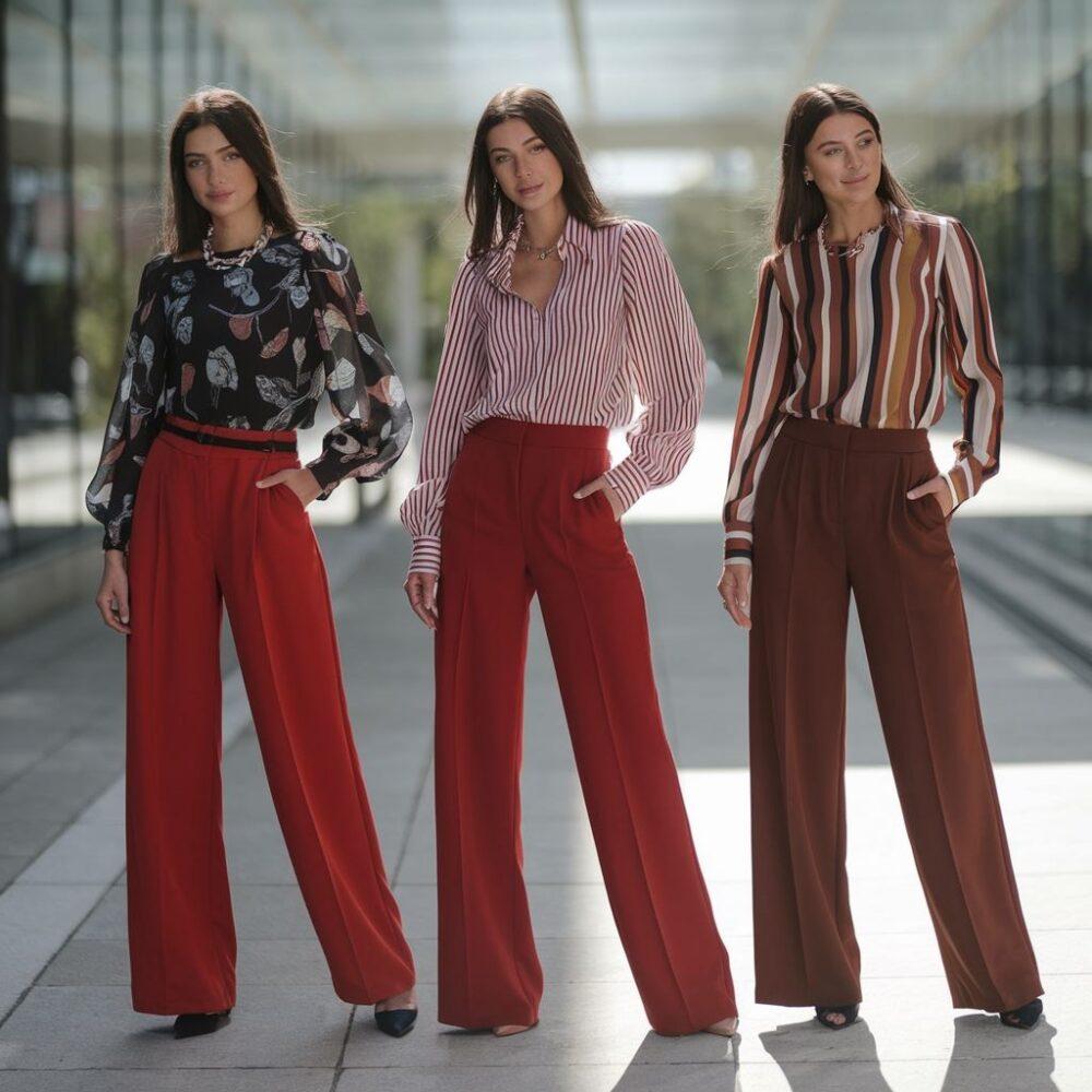 bluzka w zestawie z czerwonymi spodniami