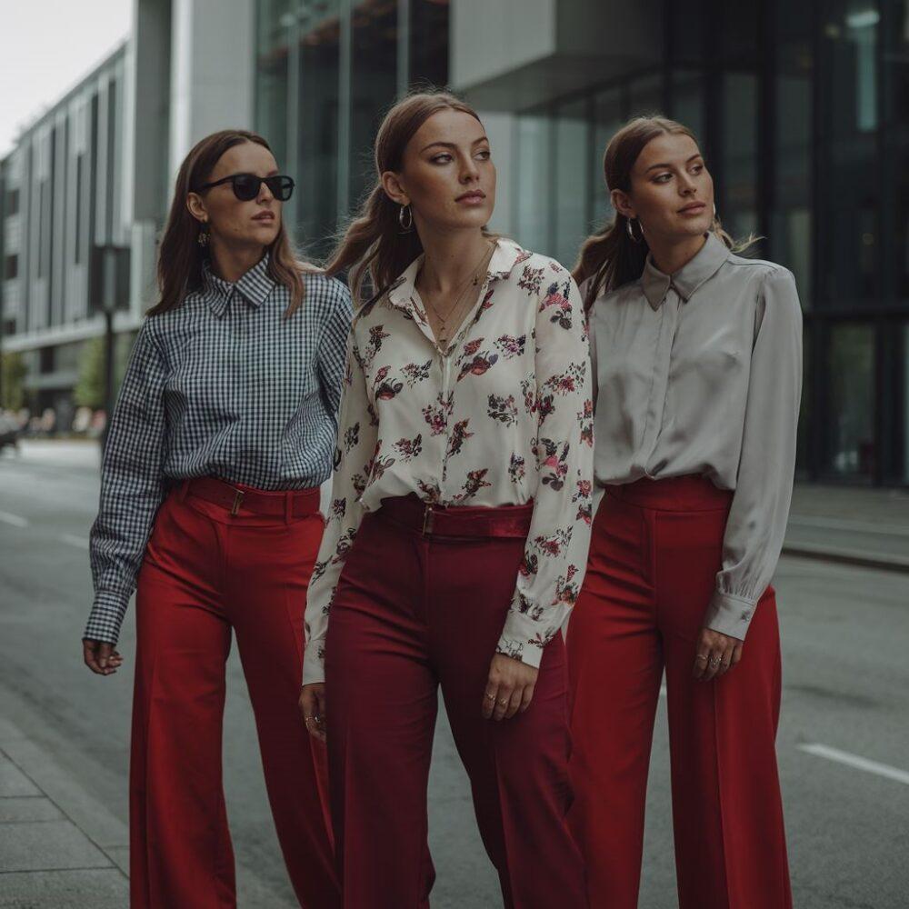 czerwone spodnie i biała bluzka