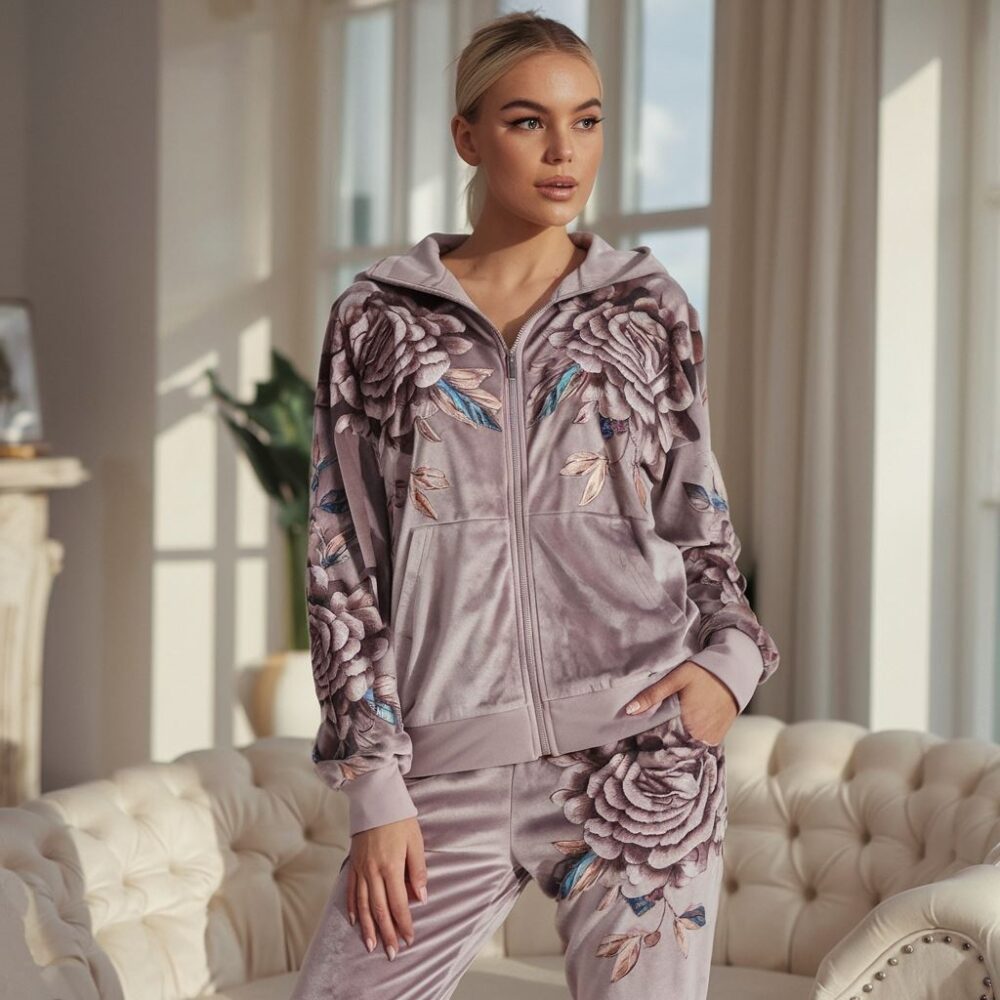damski dres welurowy w kwiaty