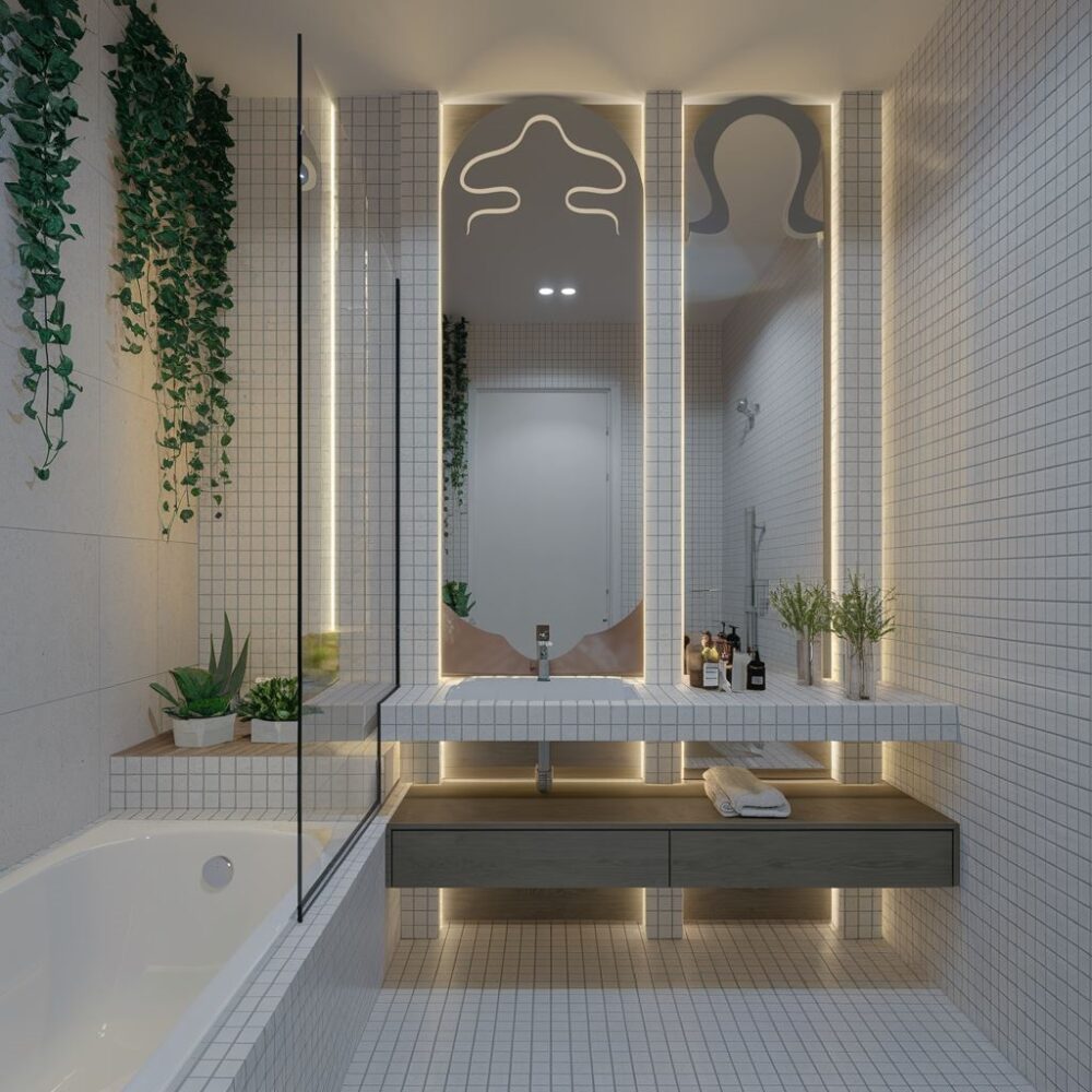 elegancka łazienka z lustrzaną ścianą