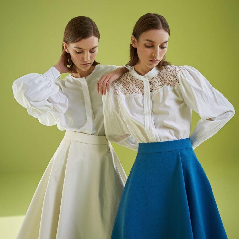 elegancki outfit z białą spódnicą