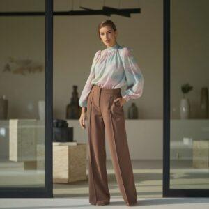 modna stylizacja z brązowymi spodniami