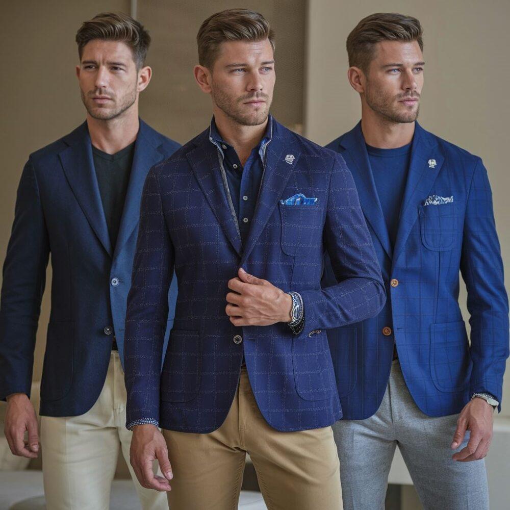 niebieska marynarka i beżowe spodnie