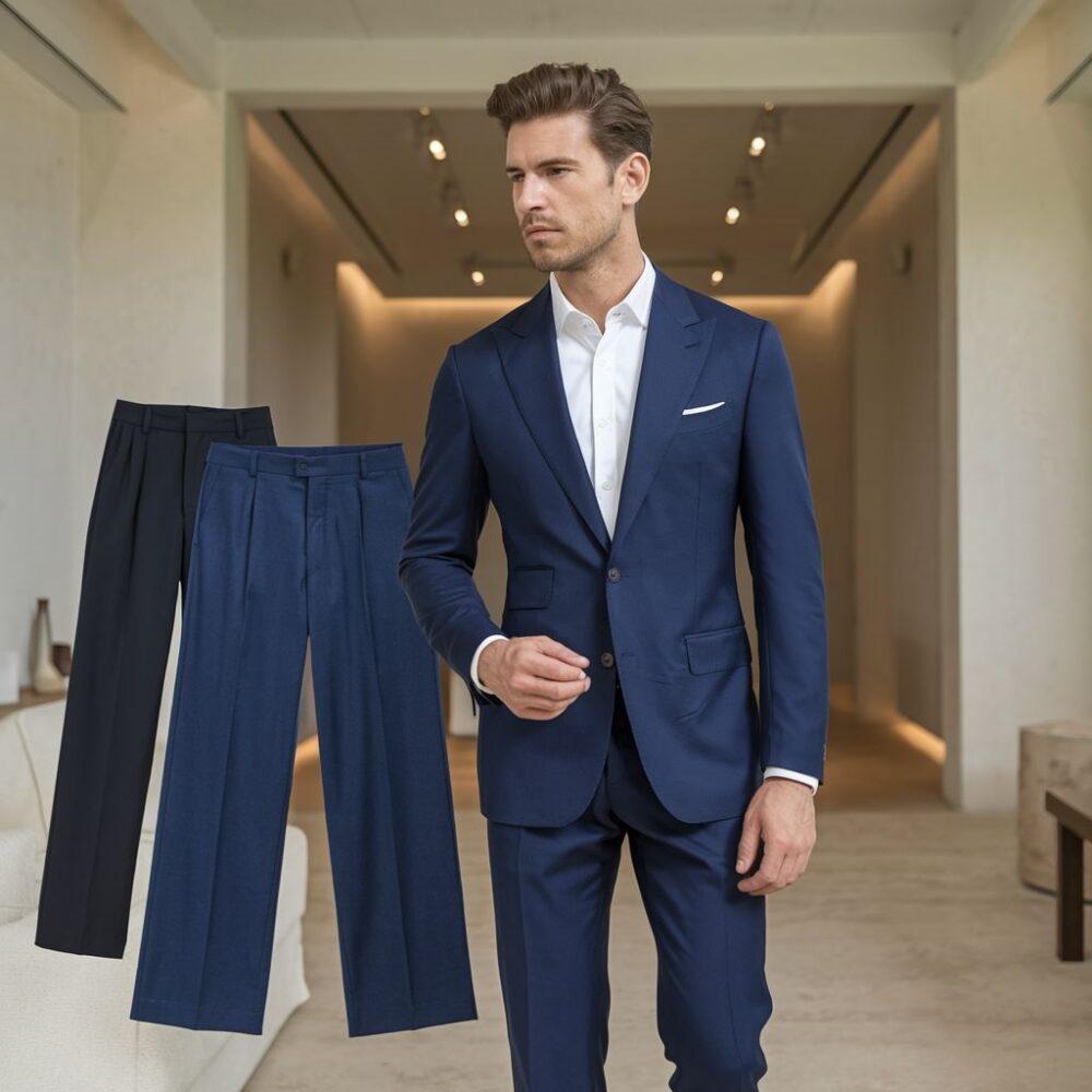 niebieska marynarka i białe spodnie