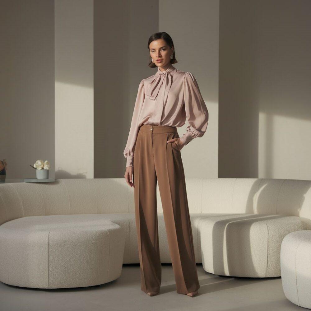 outfit z brązowymi spodniami i kolorową bluzką