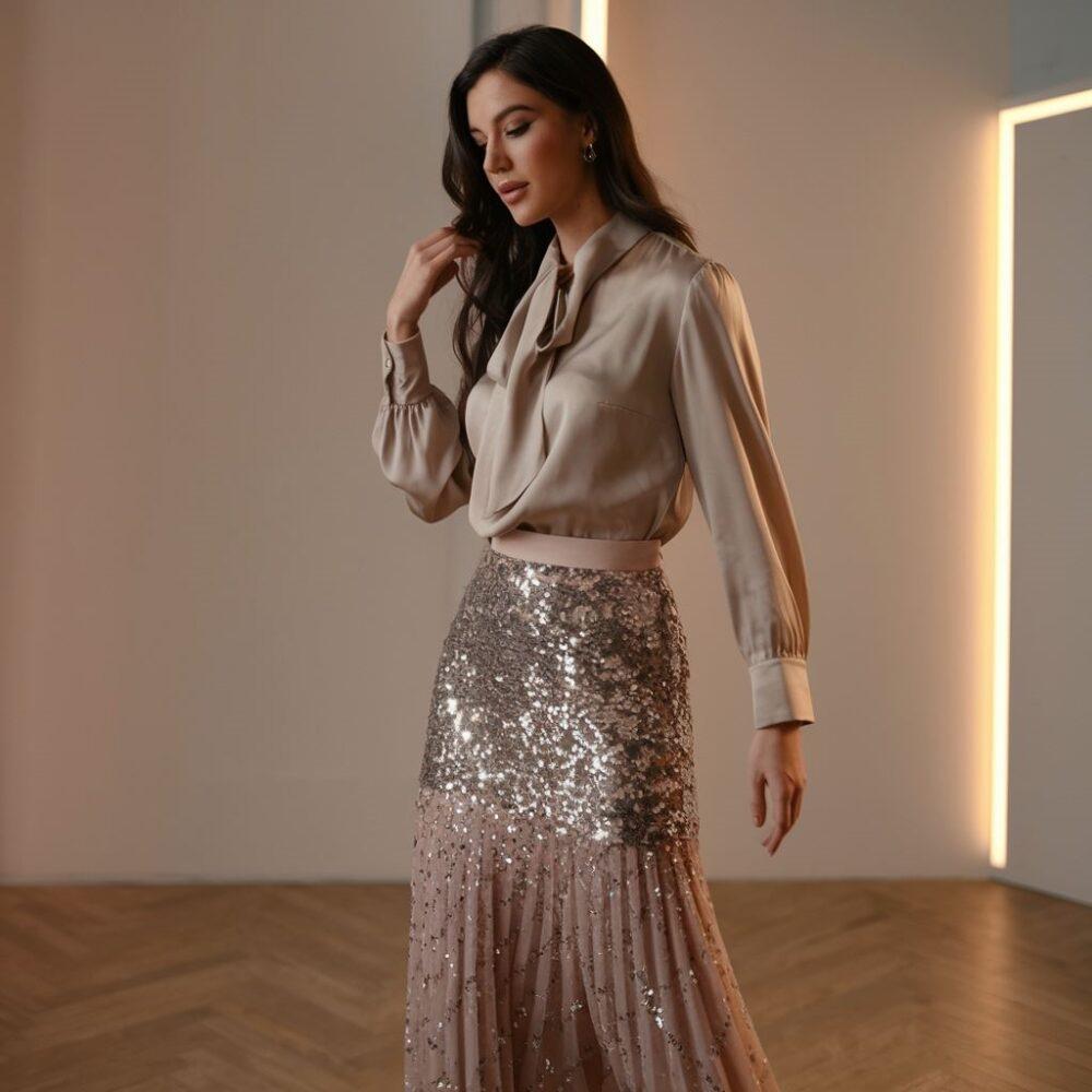 outfit z cekinami i elegancką bluzką