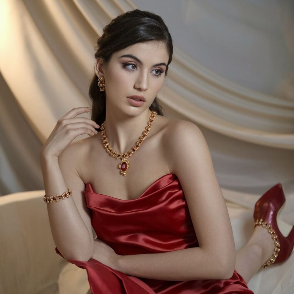 złota biżuteria do czerwonej sukienki